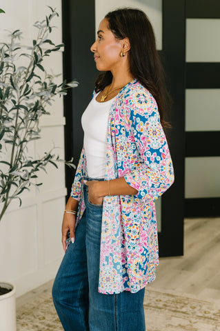 Lizzy Cardigan in Teal and Pink Floral Abstract in - Womens photo