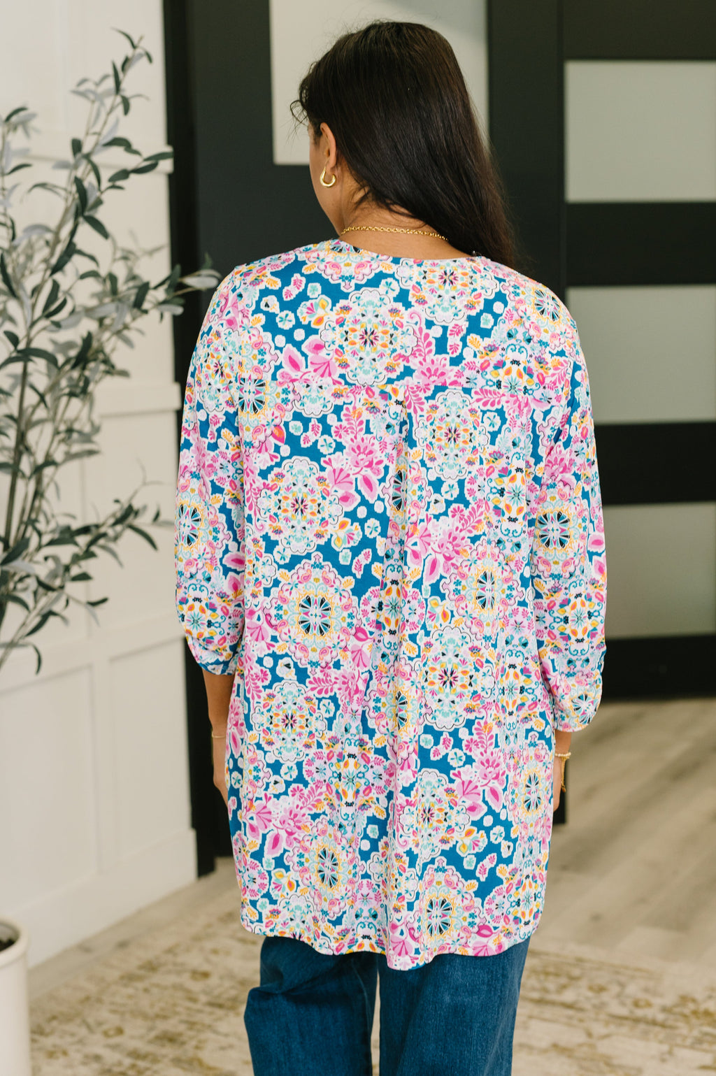 Lizzy Cardigan in Teal and Pink Floral Abstract in - Womens photo