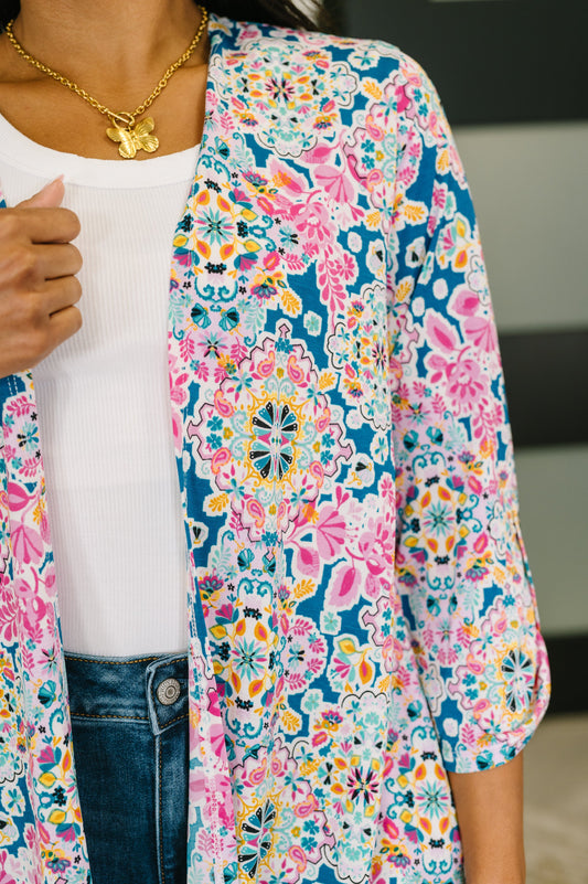 Lizzy Cardigan in Teal and Pink Floral Abstract in - Womens photo