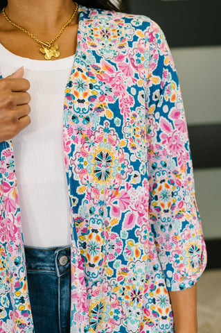 Lizzy Cardigan in Teal and Pink Floral Abstract in - Womens photo