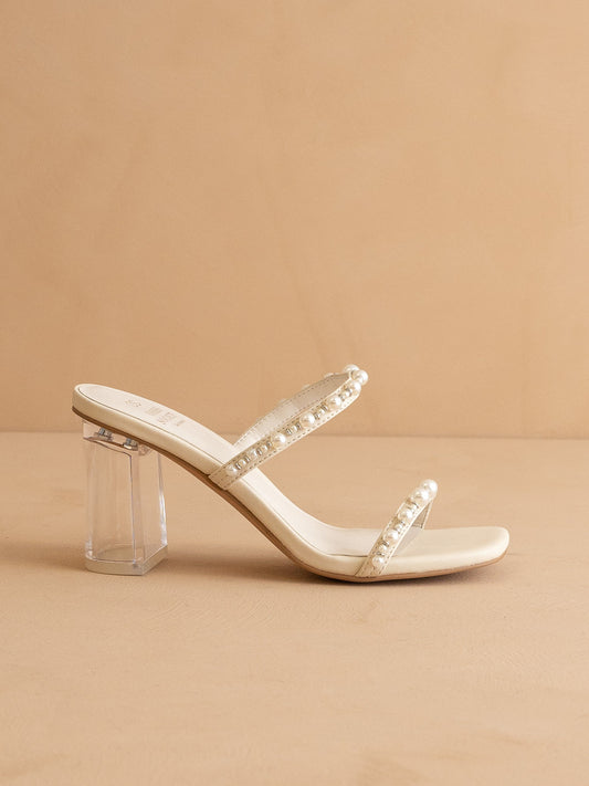 The Mae | Beige Wedding Pearl Detail Clear Block Heel in - HEELS photo