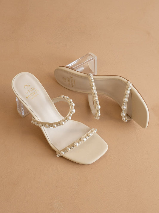 The Mae | Beige Wedding Pearl Detail Clear Block Heel in - HEELS photo