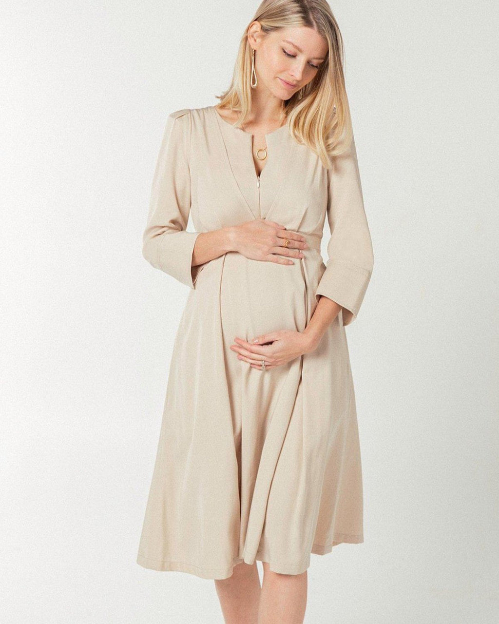 Sarah Empire Maternity & Nursing Dress in TENCEL (Regular & Petite) in Beige - Women's Maternity Dress photo