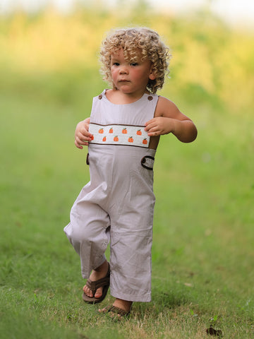 Fall Halloween & Thanksgiving  Pumpkin Smock Embroidered Boys Romper