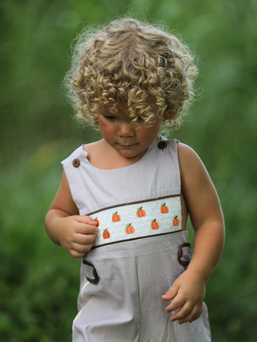 Fall Halloween & Thanksgiving  Pumpkin Smock Embroidered Boys Romper