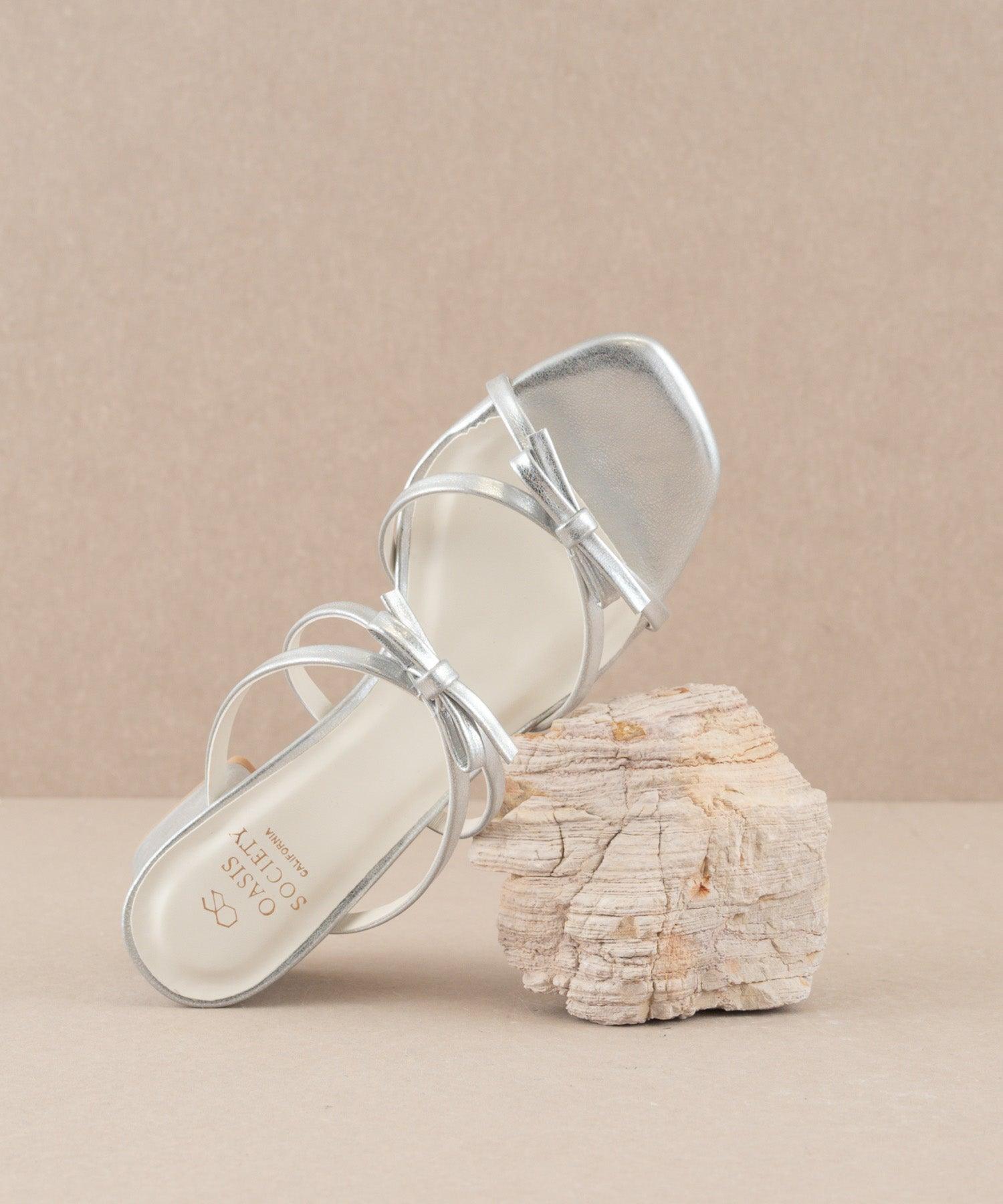 The Maci | Silver Strappy Heel with Bow Details