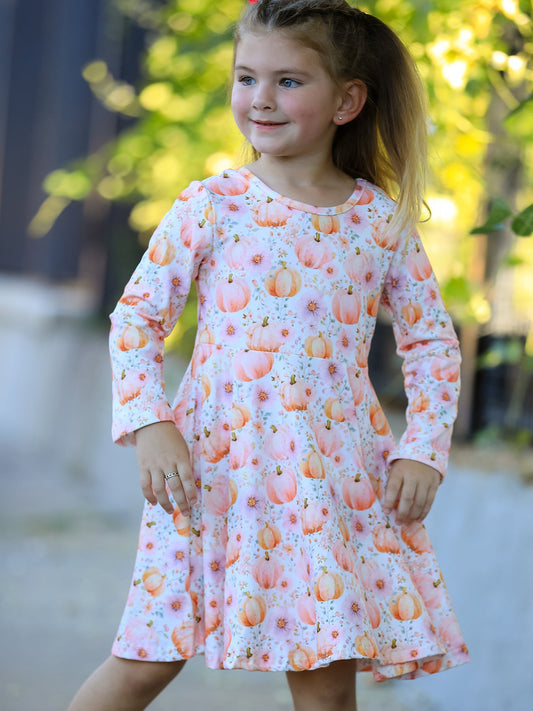 Fall Pink Pumpkin Girls Long Sleeve Twirl Dress -