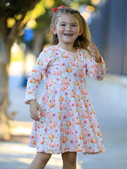 Fall Pink Pumpkin Girls Long Sleeve Twirl Dress -