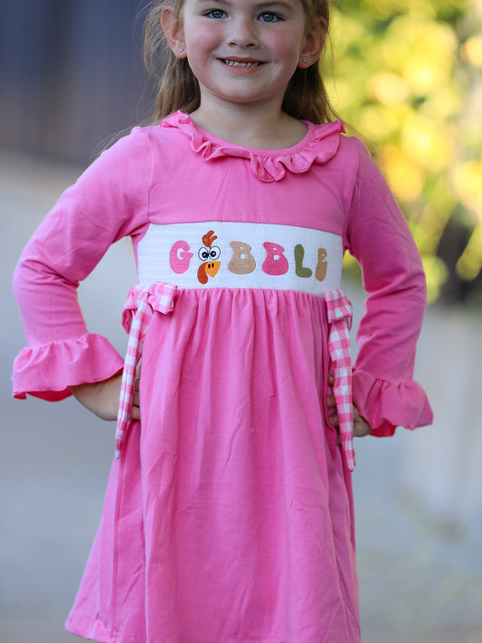 Fall Thanksgiving& Halloween "GOBBLE" Smock Embroidery Baby Girl Dress -