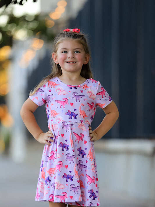 Dinosaur Heart Twirl Girls Dress Short Sleeves -