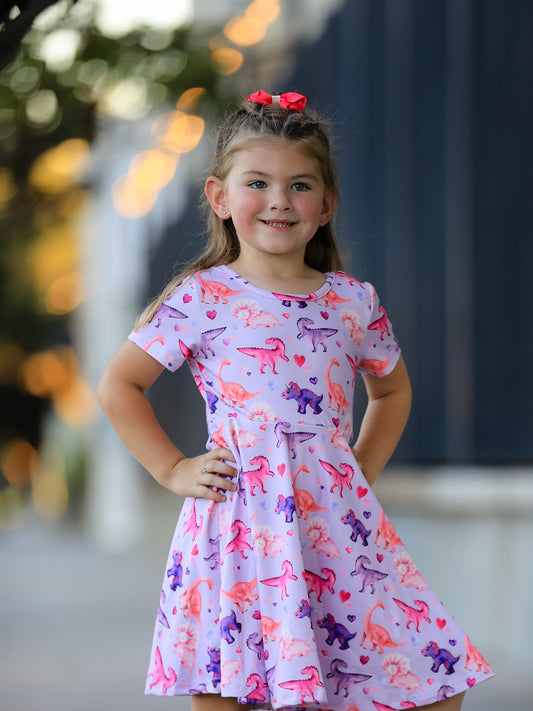 Dinosaur Heart Twirl Girls Dress Short Sleeves -
