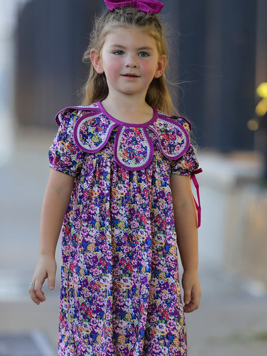Purple Floral Bow Petals Collar Girls Dress -