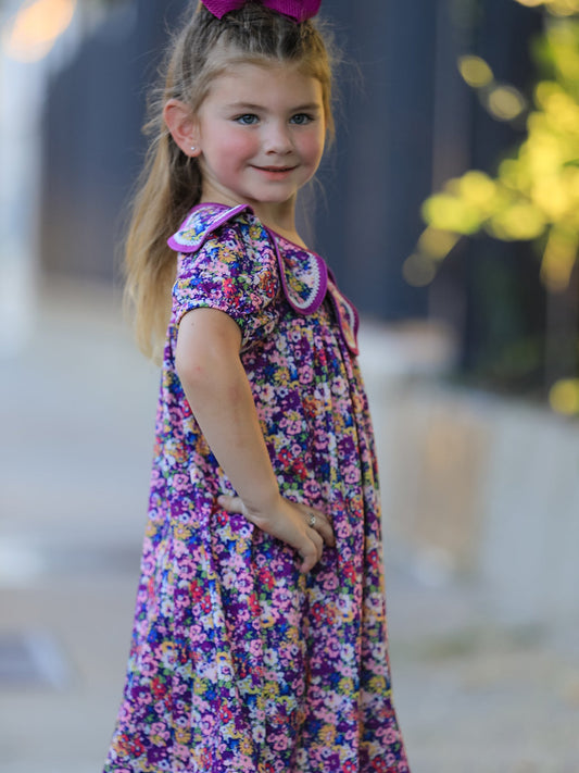 Purple Floral Bow Petals Collar Girls Dress -