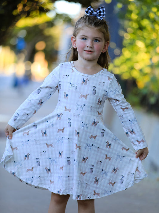 Fall Plaid Dog Print Girls Long Sleeve Twirl Dress -