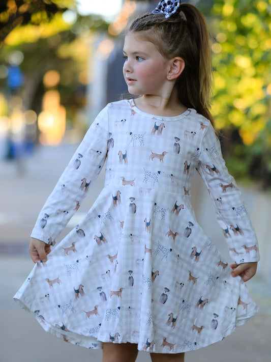 Fall Plaid Dog Print Girls Long Sleeve Twirl Dress -