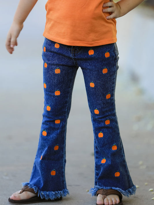Girls Pumpkin Embroidered Flare Jeans Fall Denim Pants with Fringe Hem -