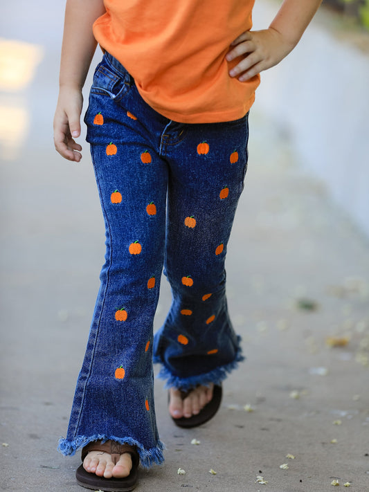 Girls Pumpkin Embroidered Flare Jeans Fall Denim Pants with Fringe Hem -