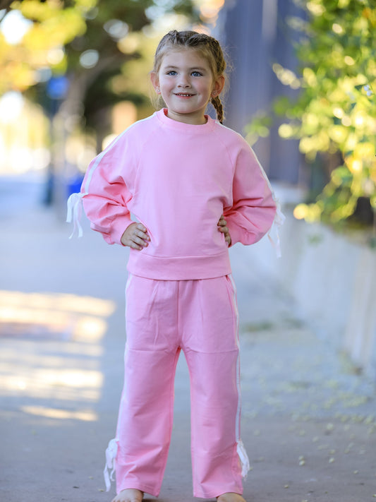 Girls Pink Bow Trim Sweatshirt and Pants Set -