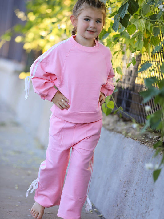 Girls Pink Bow Trim Sweatshirt and Pants Set -