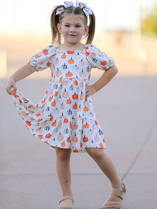 Fall Pumpkin Puff Sleeve Girls Dress -