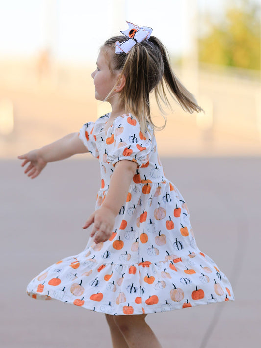 Fall Pumpkin Puff Sleeve Girls Dress -