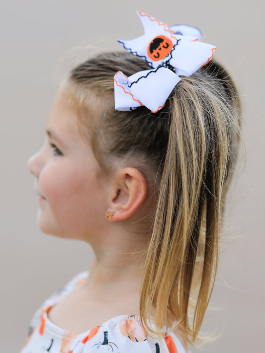 Halloween Pumpkin Hair Bows: White Ribbon Design（2PCS） -