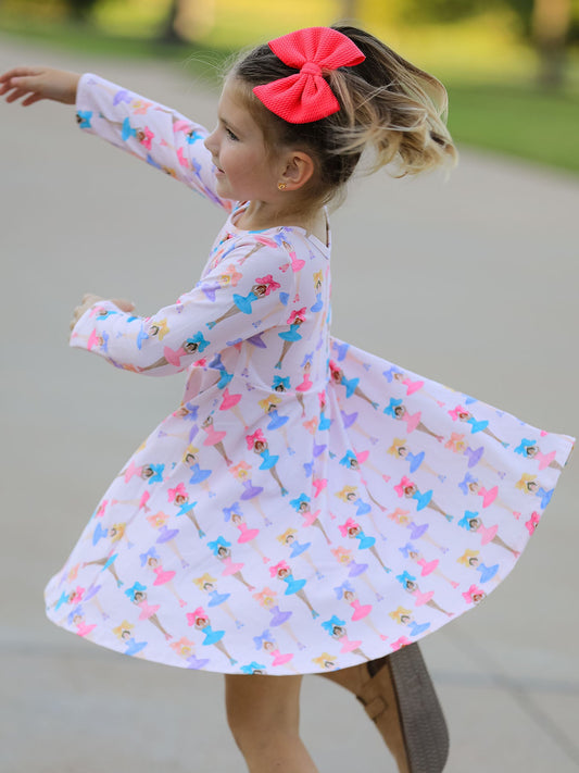 Fall Colorful Ballet Character Girls Long Sleeve Twirl Dress -
