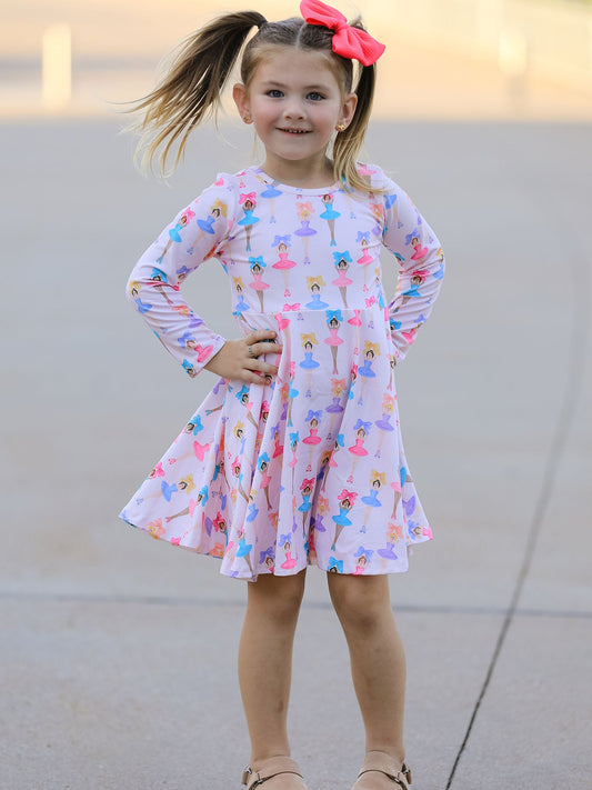 Fall Colorful Ballet Character Girls Long Sleeve Twirl Dress -