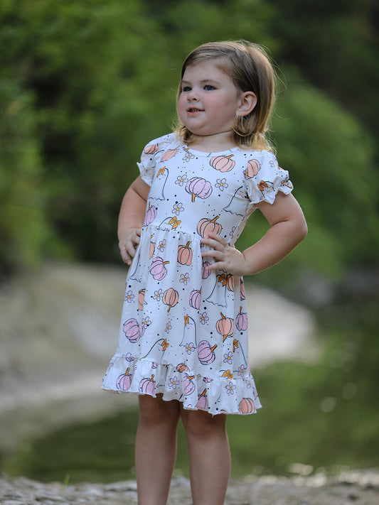 Halloween Pumpkin Ghost Print Cute Girls Dress -