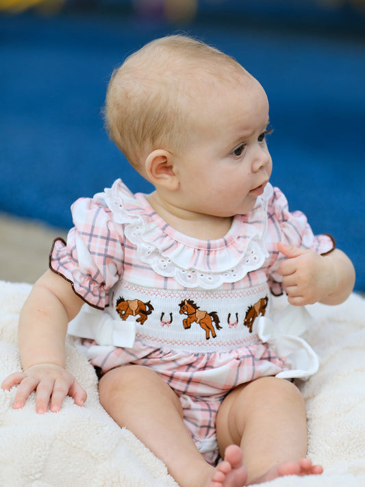 Western Horse Embroidered Smocked Plaid Baby Girl Romper -