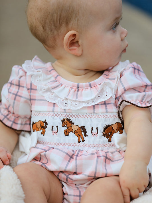 Western Horse Embroidered Smocked Plaid Baby Girl Romper -