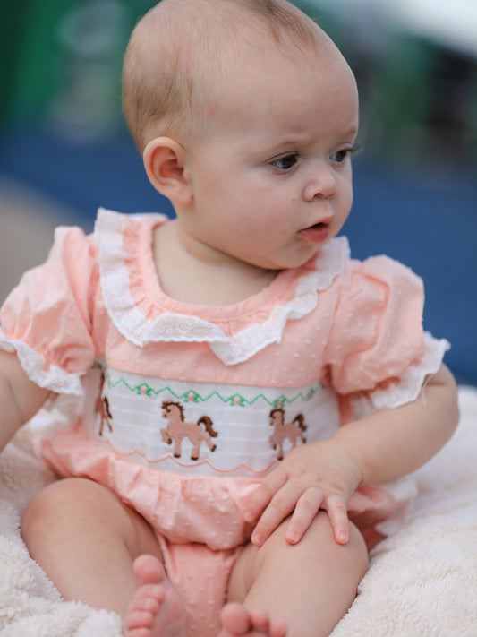 Western Horse Embroidery Girls Romper Lace Petals Collar Puff Sleeve -