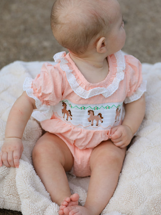 Western Horse Embroidery Girls Romper Lace Petals Collar Puff Sleeve -
