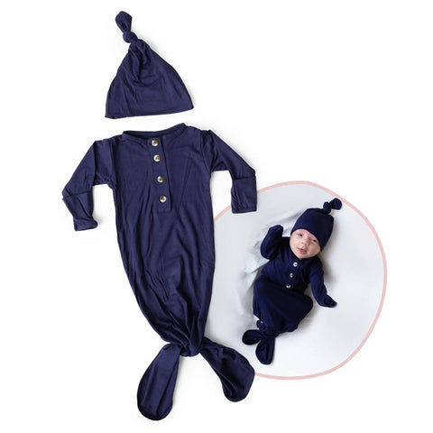 Newborn Knotted Gown and Hat Set Navy Blue, Newborn Clothes for Boys in - Newborn Knotted Baby Gown Sets photo