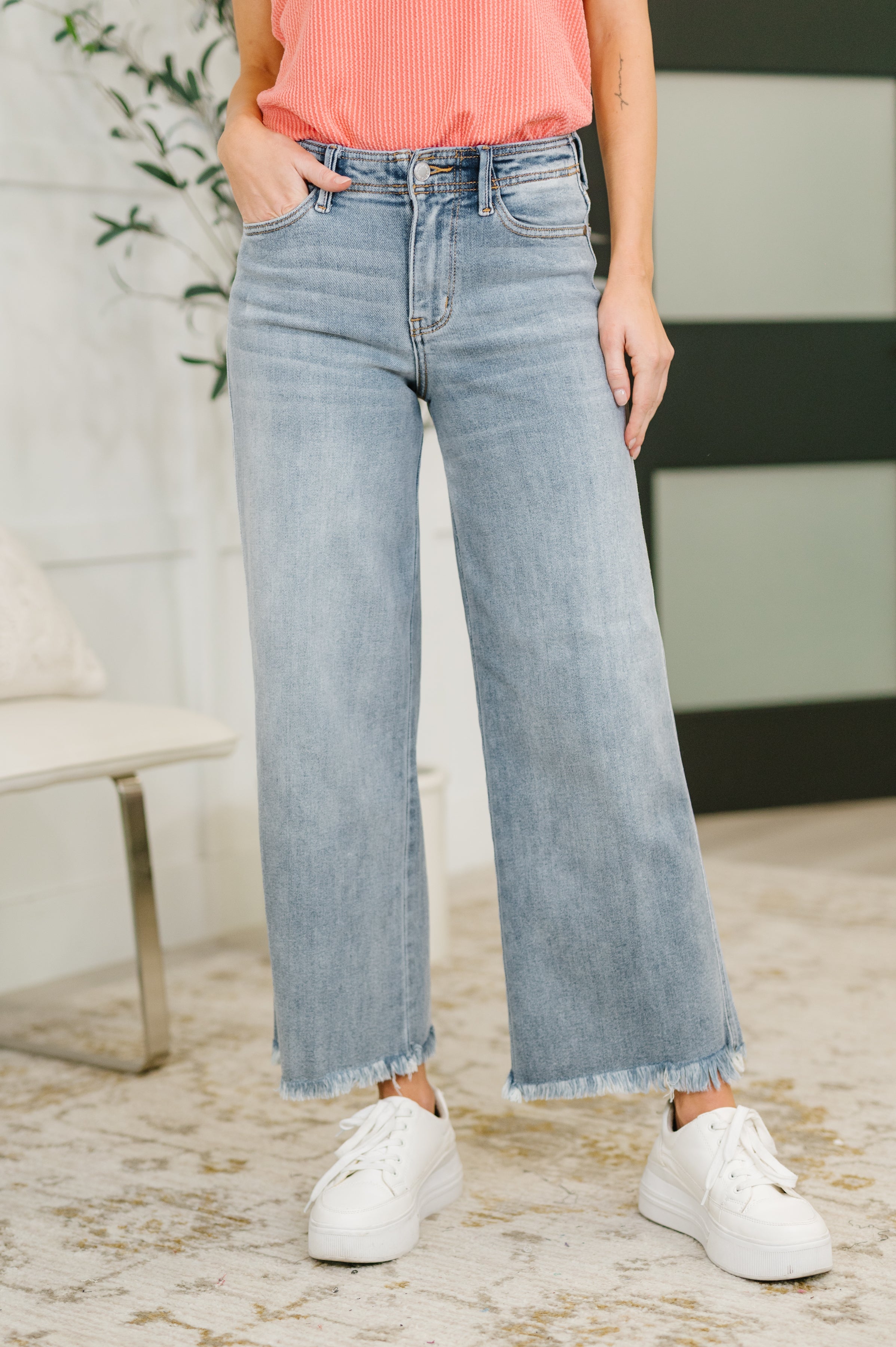 Judy Blue Mary Mid Rise Ankle Wide Leg + Hollywood WB + Fray Hem in - Womens photo