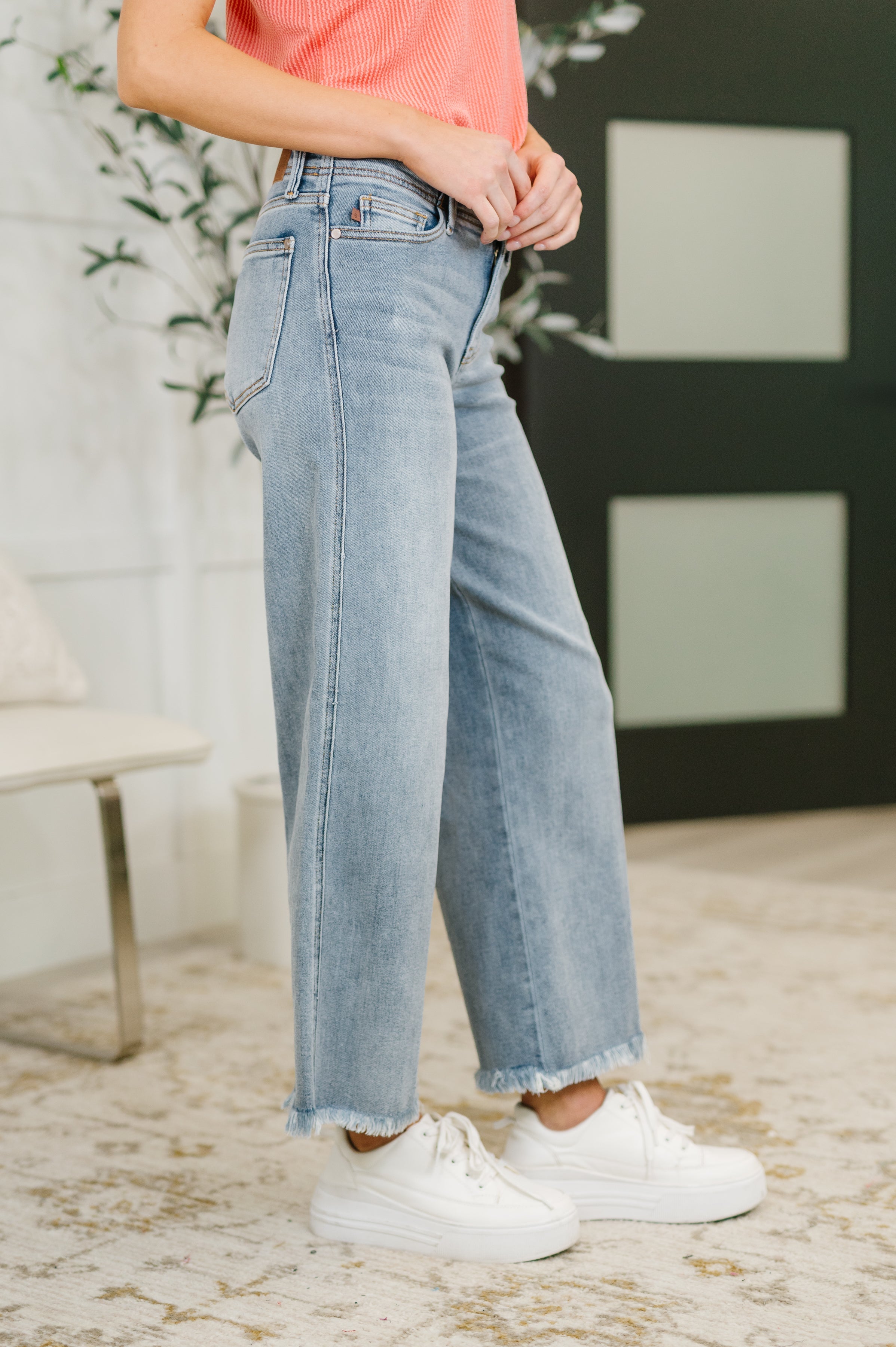 Judy Blue Mary Mid Rise Ankle Wide Leg + Hollywood WB + Fray Hem in - Womens photo