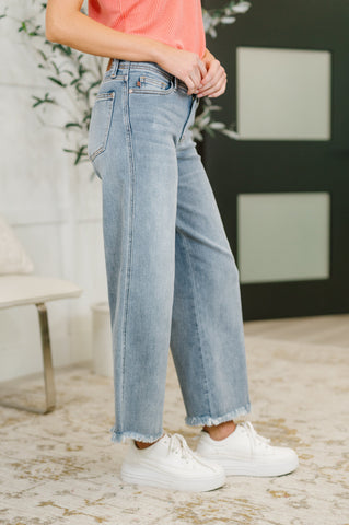 Judy Blue Mary Mid Rise Ankle Wide Leg + Hollywood WB + Fray Hem in - Womens photo