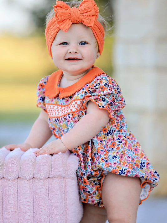 Fall Floral Smocked Petals Collar Girls Bubble Romper -