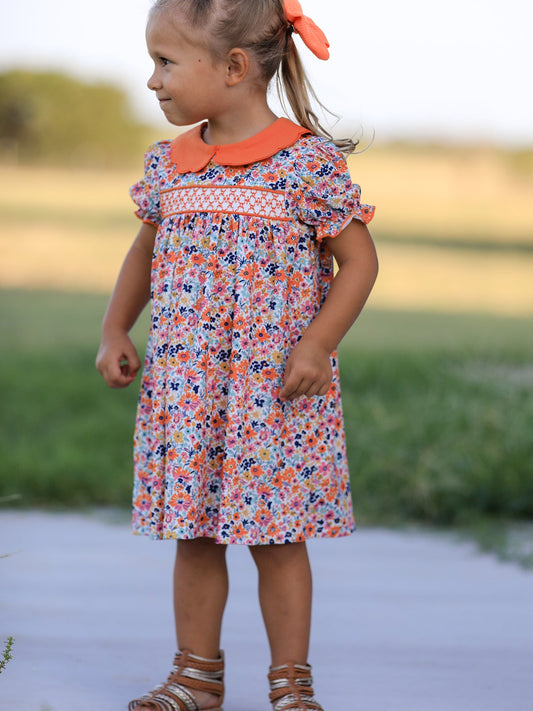 Fall Floral Smocked Petals Collar Girls Dress -