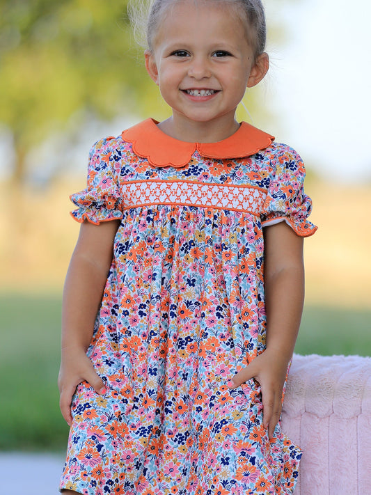Fall Floral Smocked Petals Collar Girls Dress -