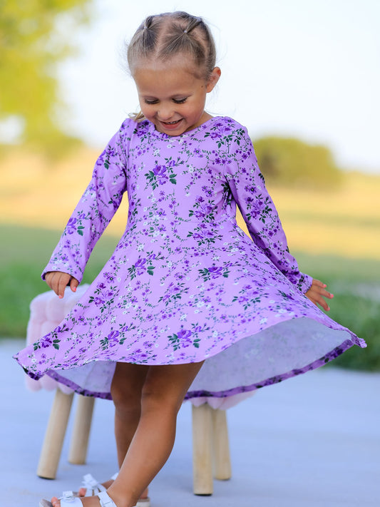 Fall Lavender Floral Print Girls Long Sleeve Twirl Dress -