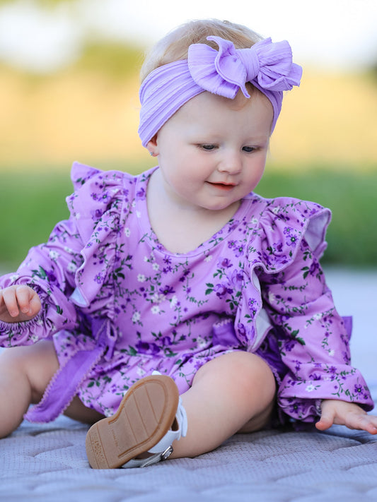 Fall Lavender Floral Print Girls Long Sleeve Romper -