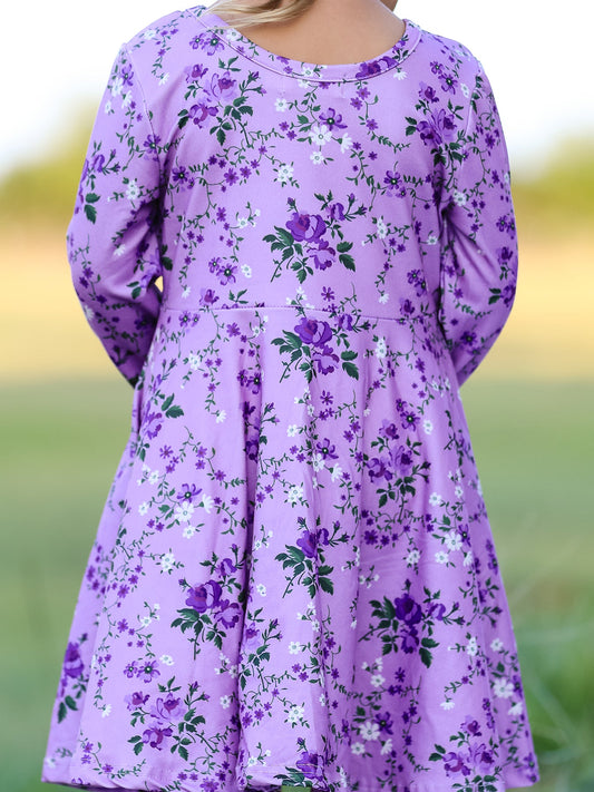 Fall Lavender Floral Print Girls Long Sleeve Twirl Dress -