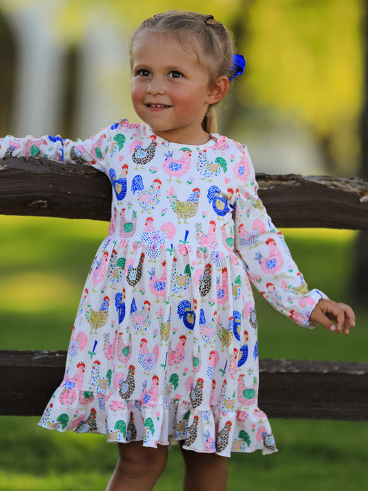 Fall Farm Chicken Print Girls Ruffle Hem Twirl Dress -