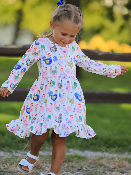 Fall Farm Chicken Print Girls Ruffle Hem Twirl Dress -