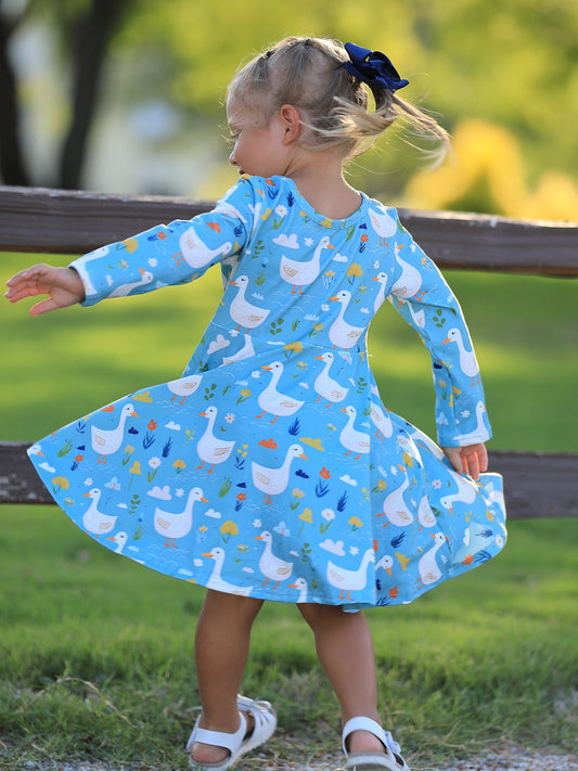 Fall Goose Print Girls Long Sleeve Twirl Dress -