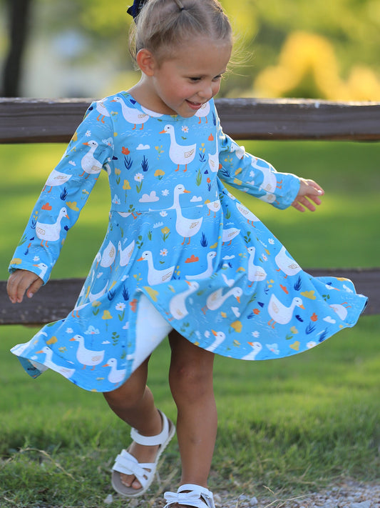 Fall Goose Print Girls Long Sleeve Twirl Dress -
