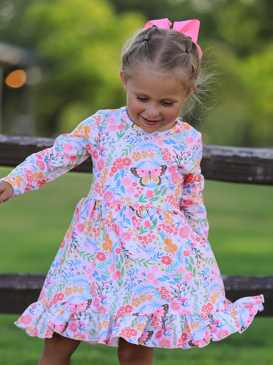 Fall Butterfly Floral Print Girls Ruffle Hem Twirl Dress -