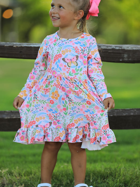 Fall Butterfly Floral Print Girls Ruffle Hem Twirl Dress -