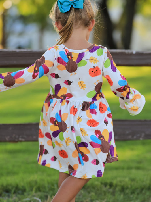 Thanksgiving Turkey Print Girls Dress -